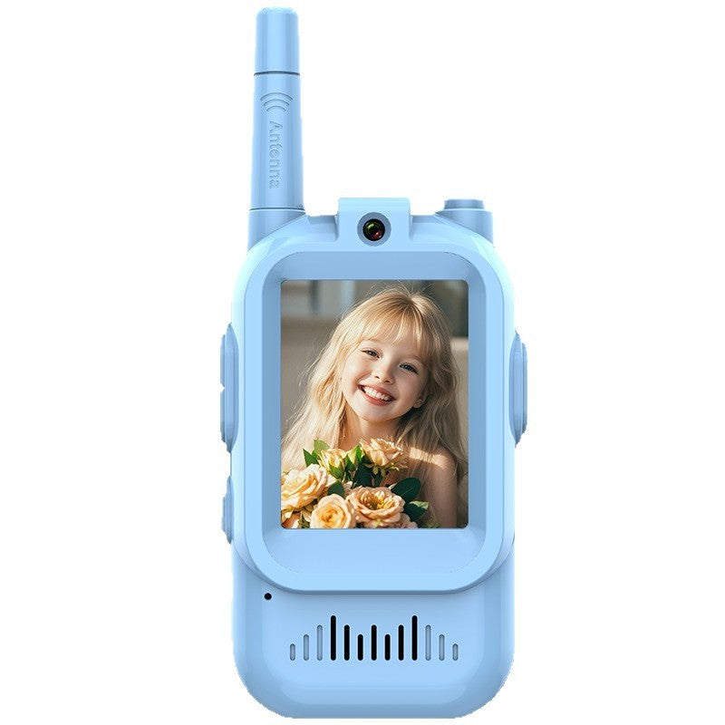 Blue toy walkie-talkie with a screen displaying a child's face on a white background