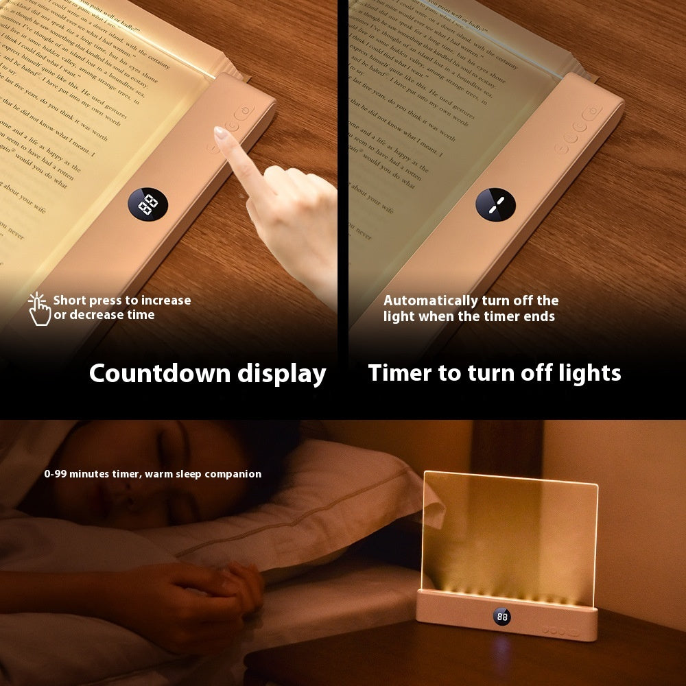 Product demonstration of a light with countdown and timer features on a wooden surface.
