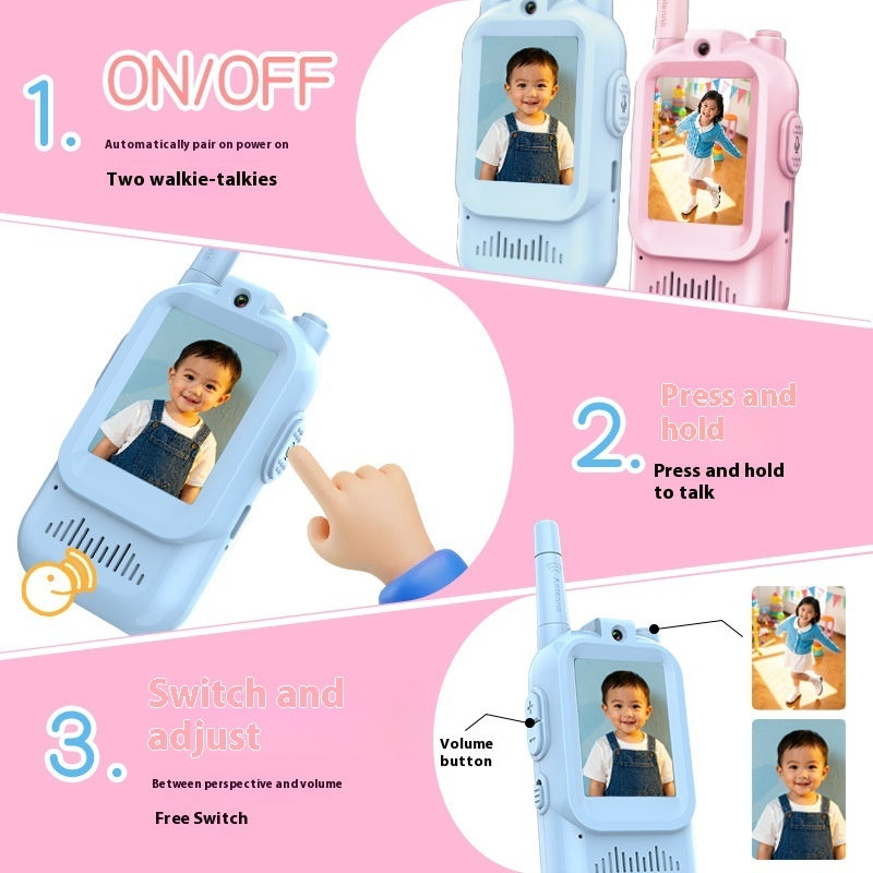 Children's walkie-talkies with screen and manual instructions on a pink background