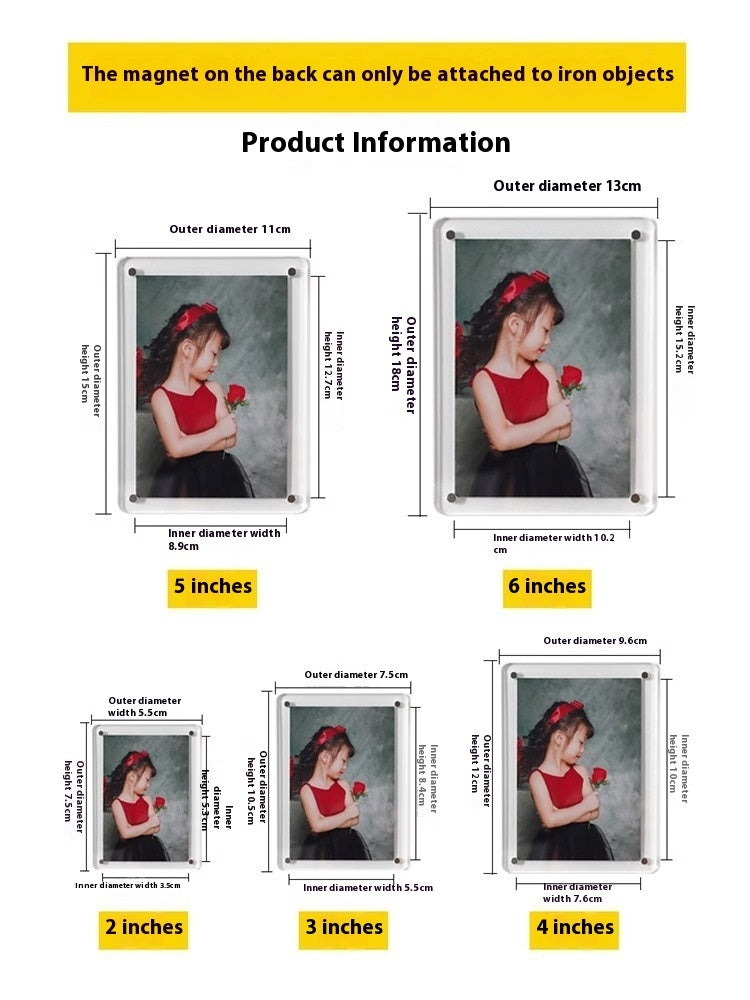 Product information chart with dimensions of photo frames and a girl in a red dress holding a rose.