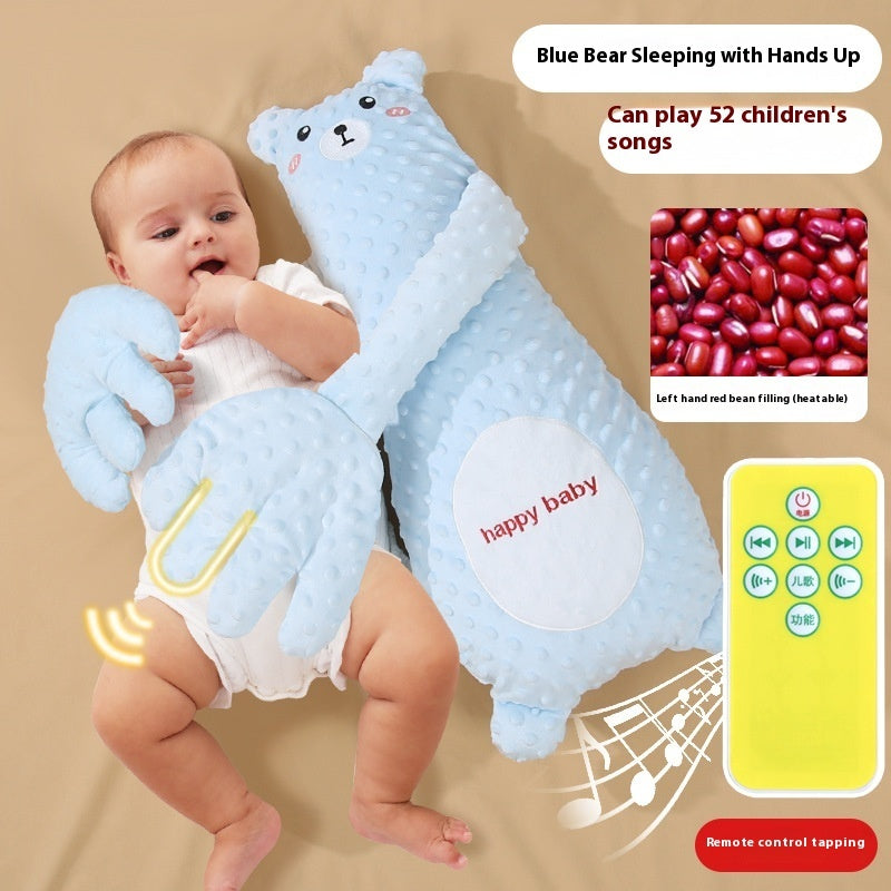 Baby holding a blue bear-shaped toy with remote control, showing features like playing songs and remote control tapping.