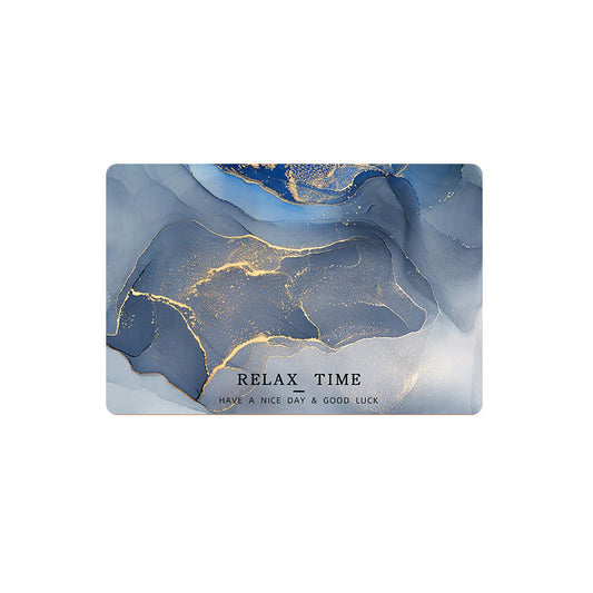 Decorative card with blue and gold abstract design and text on a white background