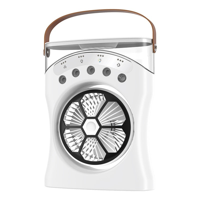 Portable fan with a white body and brown handle on a white background