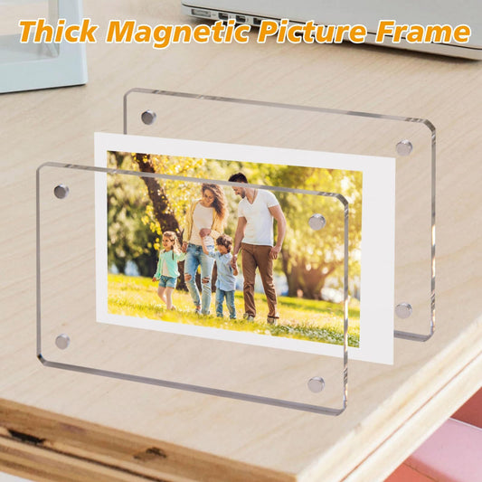 Thick magnetic picture frame with a family photo on a wooden surface