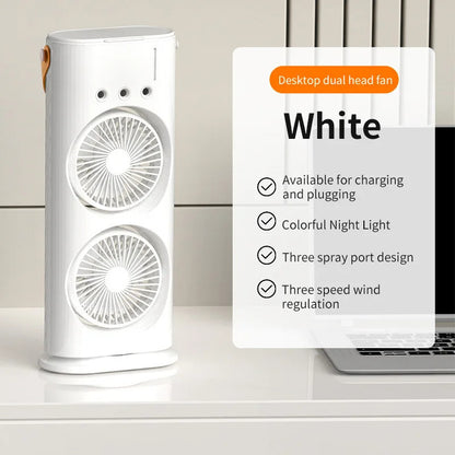 White dual-head fan on a desk with product details displayed.