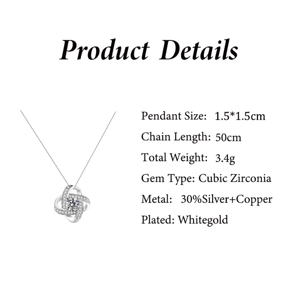 Product details of a silver necklace with cubic zirconia pendant on a white background