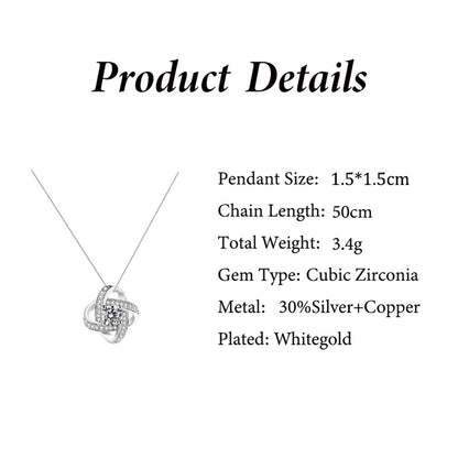 Product details of a silver necklace with cubic zirconia pendant on a white background
