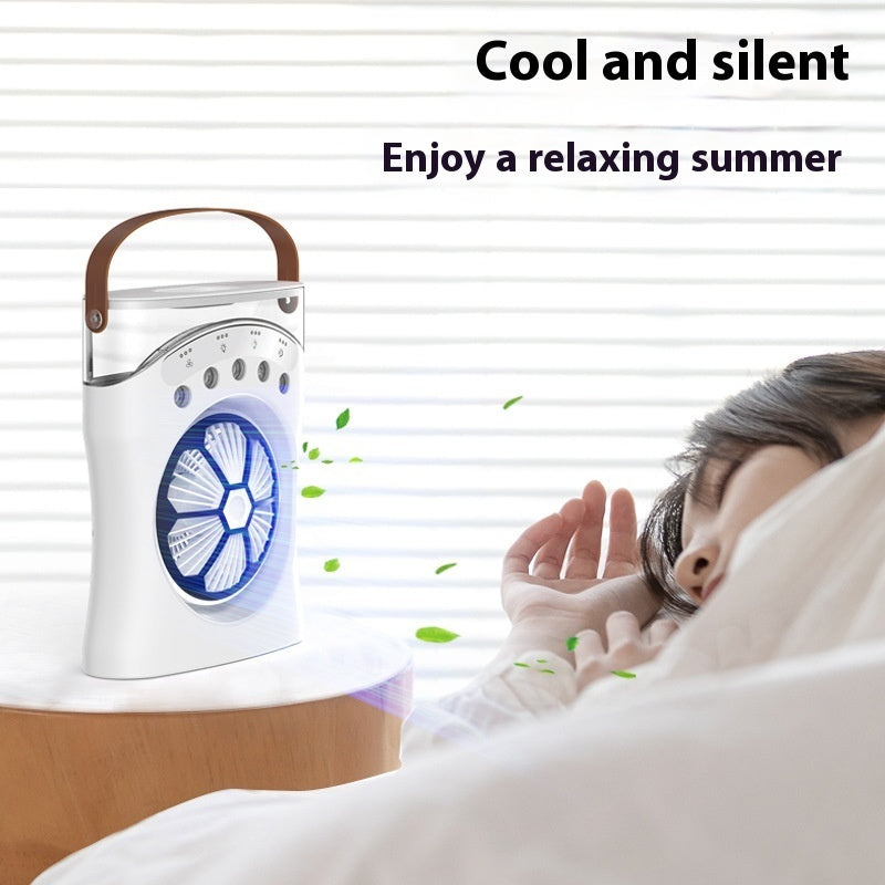 Portable fan with a person relaxing in bed, text 'Cool and silent, Enjoy a relaxing summer'.