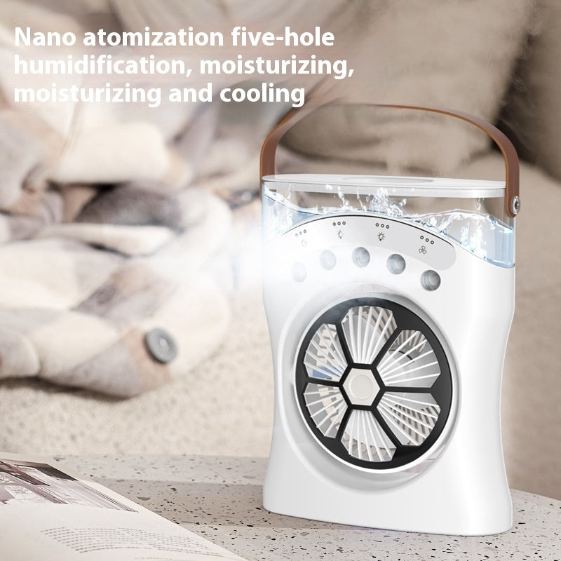 Humidifier with text on nano atomization, five-hole humidification, moisturizing, and cooling.