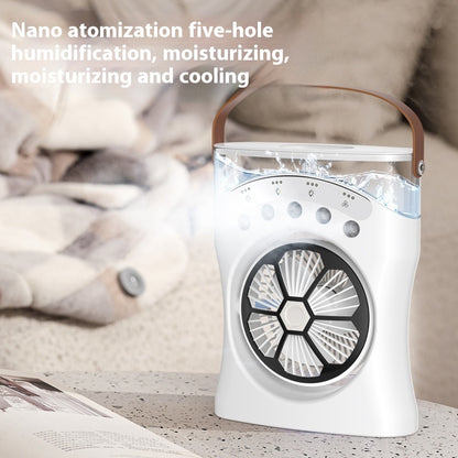 Humidifier with text on nano atomization, five-hole humidification, moisturizing, and cooling.