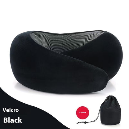 Black travel neck pillow with a carrying pouch on a white background