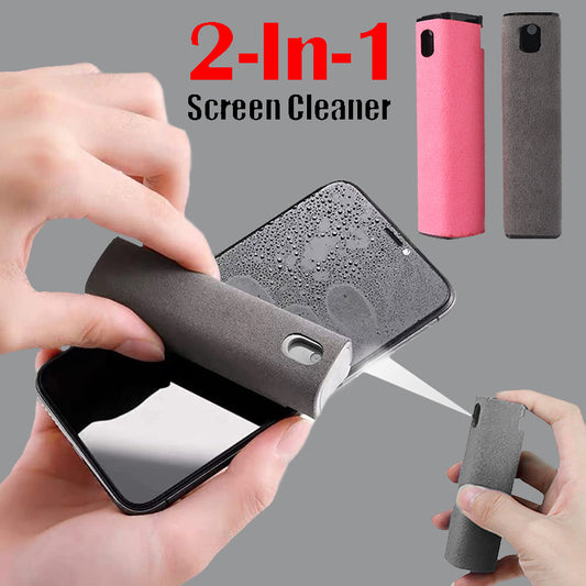 2-in-1 screen cleaner being used on a smartphone with additional screen cleaners shown.