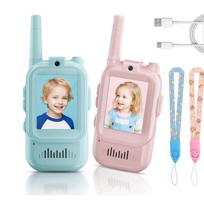 Two children's walkie-talkies, one blue and one pink, with screen displays and accessories on a white background.