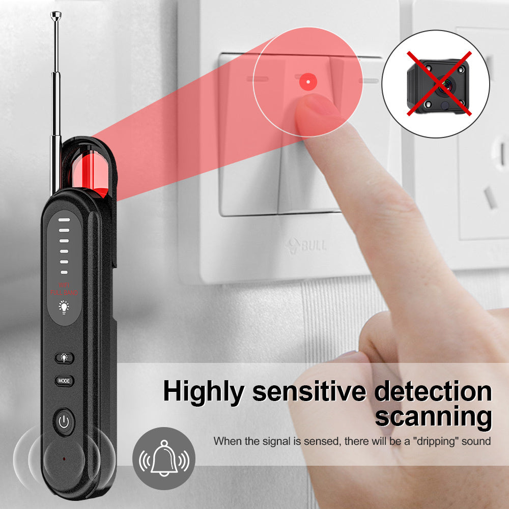Black electronic device with red light and finger pressing a switch, indicating water leakage detection.