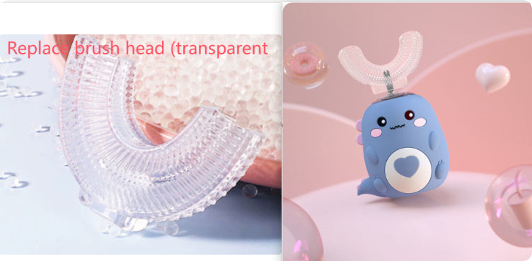 Clear brush head replacement and a blue cartoon character with antlers on a pink background