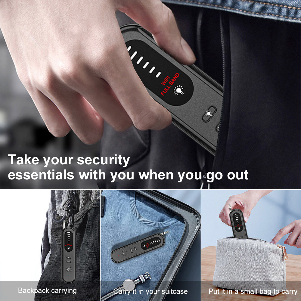 Hand holding a security device with text about carrying security essentials, shown in various settings.