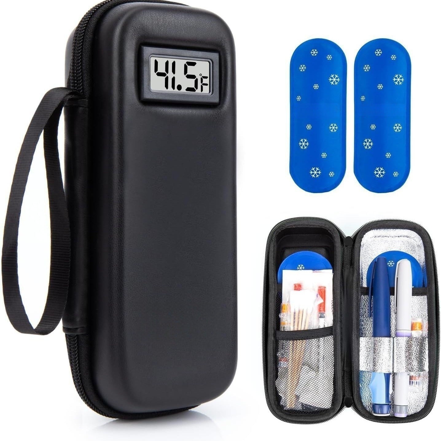 Black diabetic supply case with digital display, two blue ice packs, and open view showing insulin pens and needles.