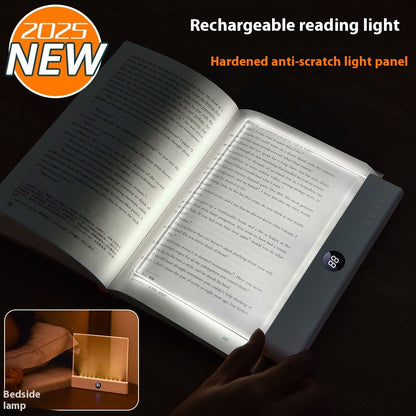 Rechargeable reading light illuminating a book with text, labeled '2025 New' and 'Hardened anti-scratch light panel'.