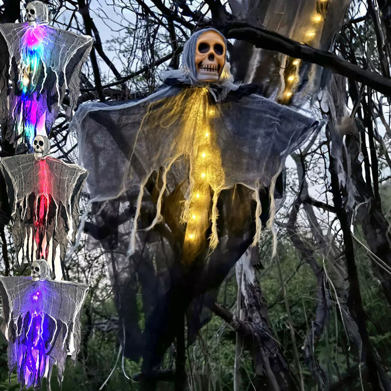Decorative Halloween figure with glowing lights in a forest setting