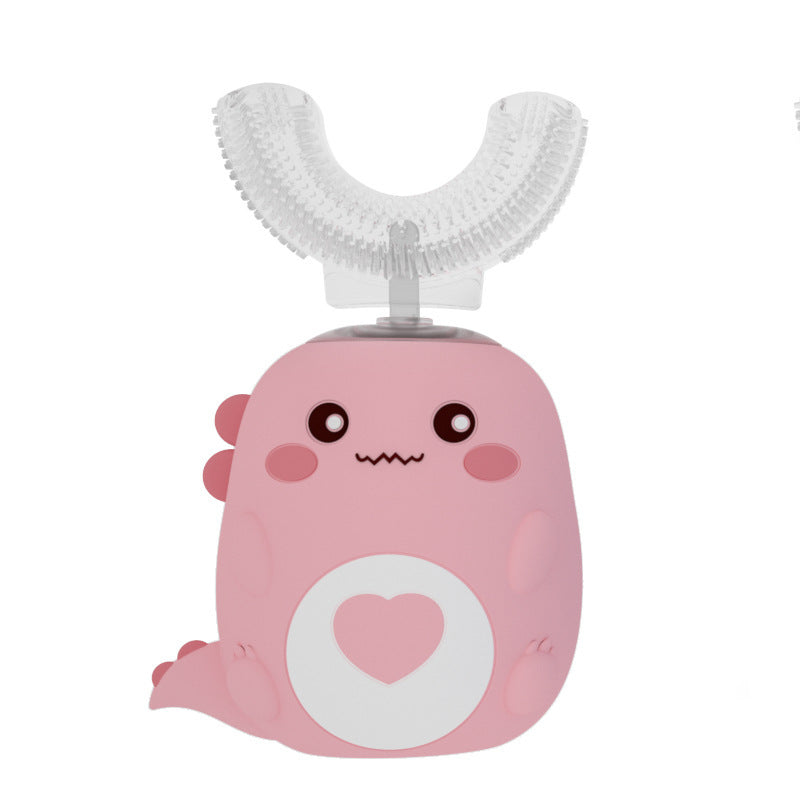Pink cartoon-like dental device with a heart on a white background
