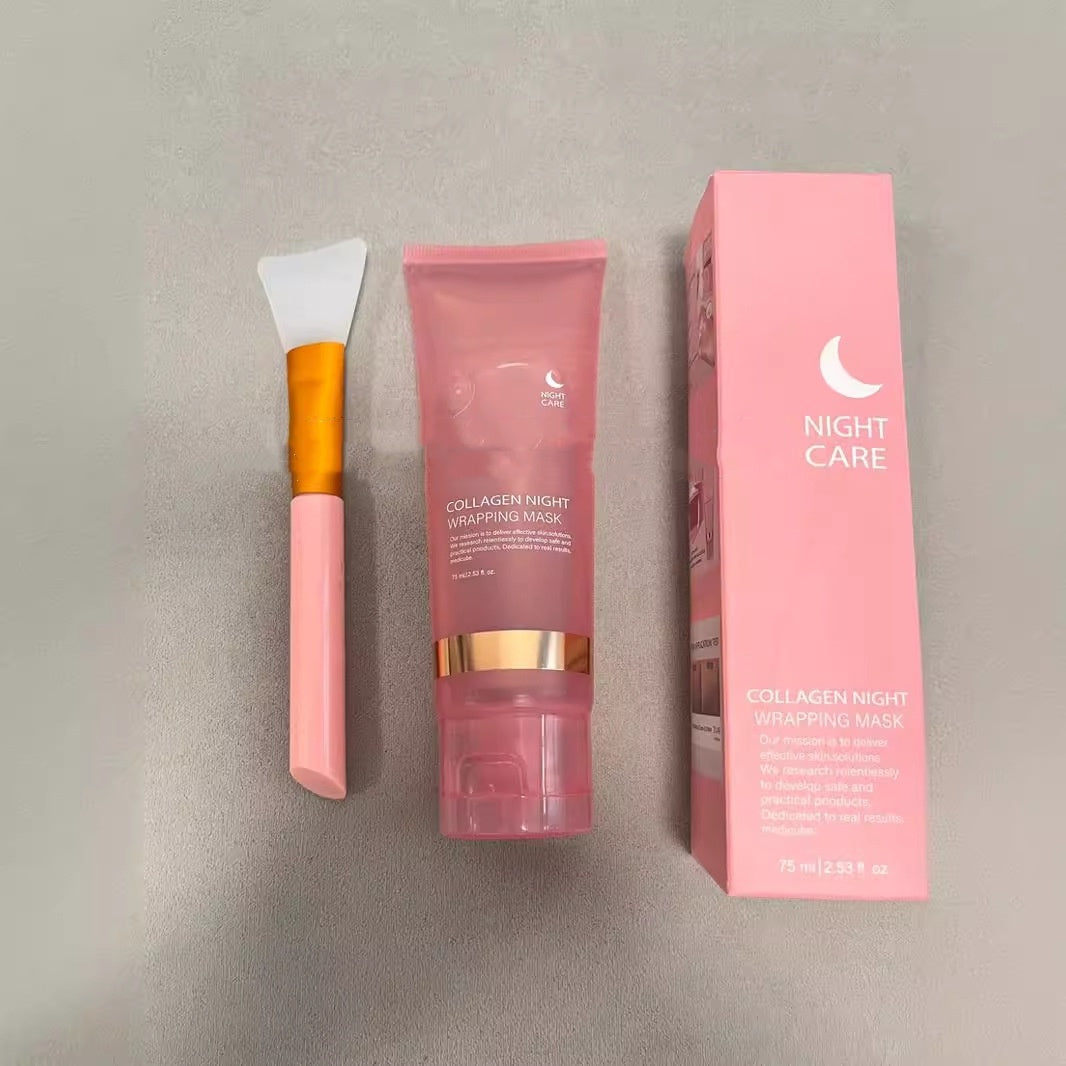 Collagen night wrapping mask with applicator and packaging on a gray background
