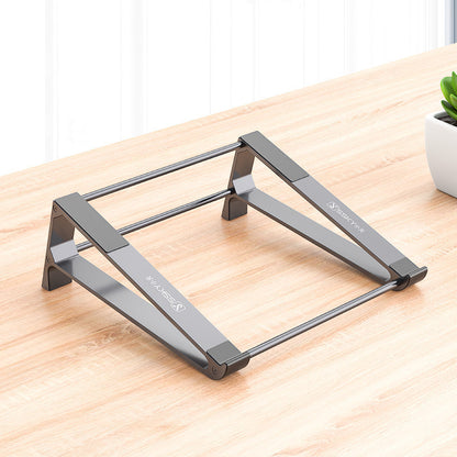 Gray desk stand on a wooden surface with a plant in the background