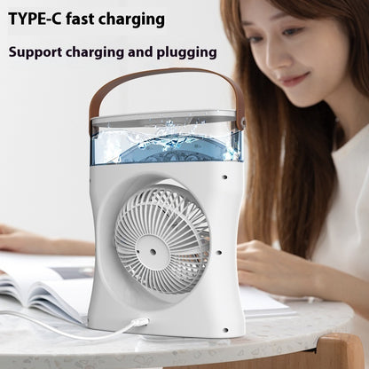 Portable fan with water tank on a table, woman reading beside it, text about TYPE-C fast charging.