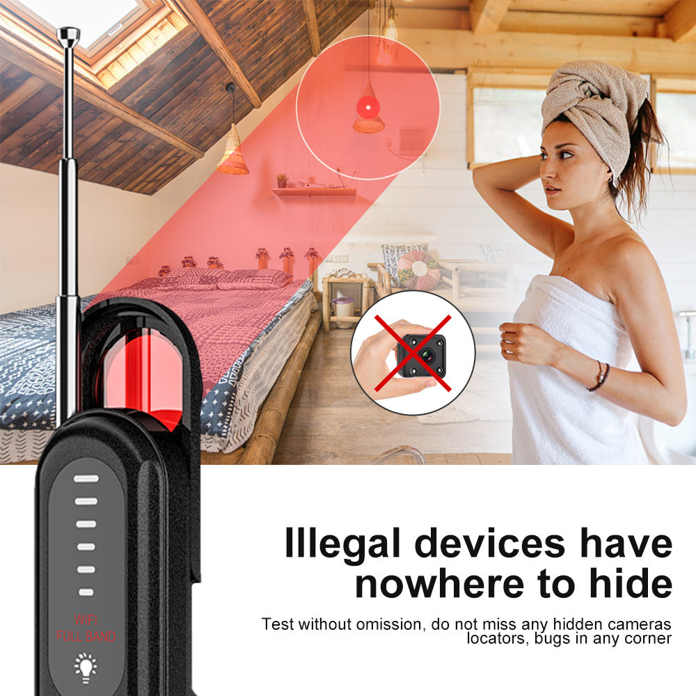 Device for detecting hidden cameras with a woman in a towel and bedroom background