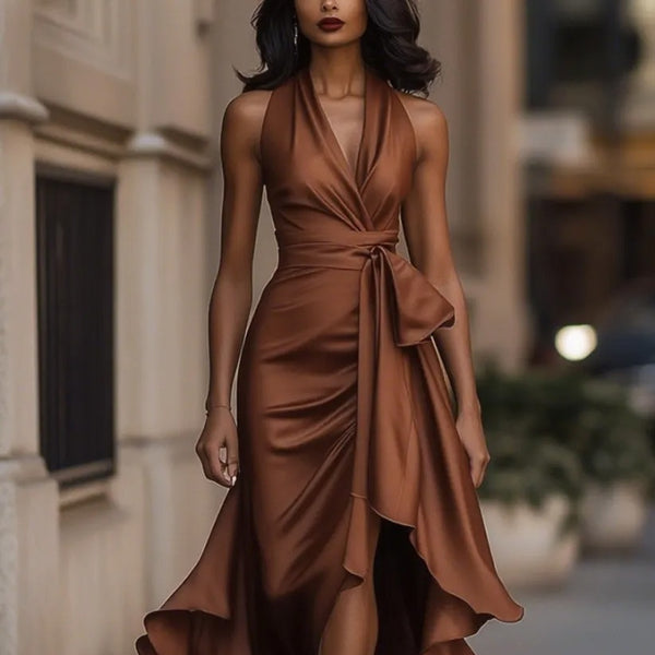 Elegant Deep V-Neck Satin Ruffled Dress