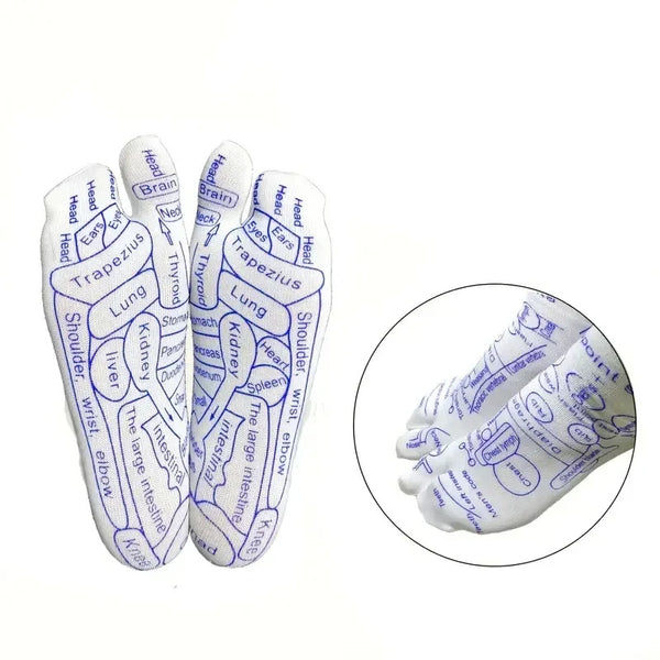 White socks with blue text labels on a white background