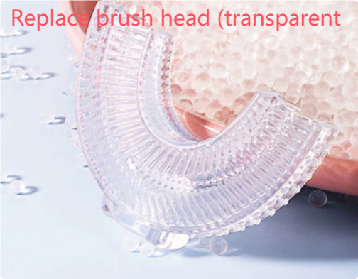 Clear brush head replacement on a light blue background with text 'Replace brush head (transparent)'.