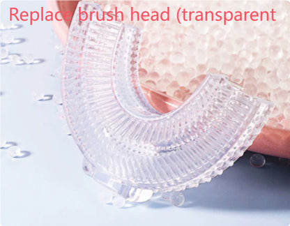 Clear brush head replacement on a light blue background with text 'Replace brush head (transparent)'.