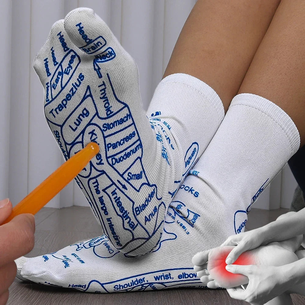 White socks with blue anatomical labels worn by a person, with a hand holding a pen and another hand showing a sore area.