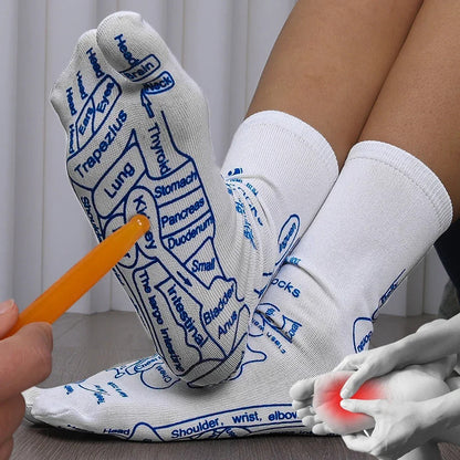White socks with blue anatomical labels worn by a person, with a hand holding a pen and another hand showing a sore area.