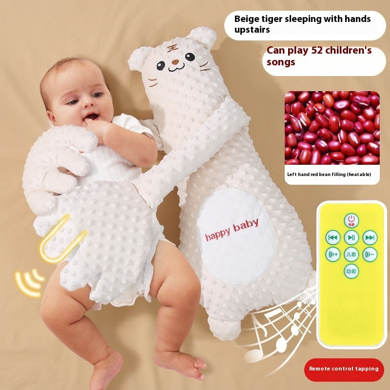 Baby holding a plush toy with remote control and text about children's songs.
