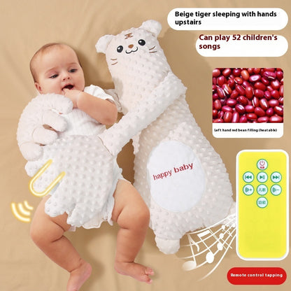 Baby holding a plush toy with remote control and text about children's songs.
