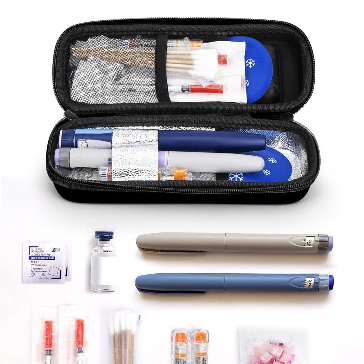 Diabetes management kit with insulin pens, needles, and other supplies on a white background