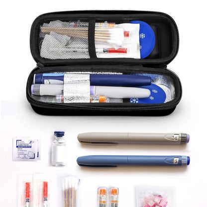 Diabetes management kit with insulin pens, needles, and other supplies on a white background
