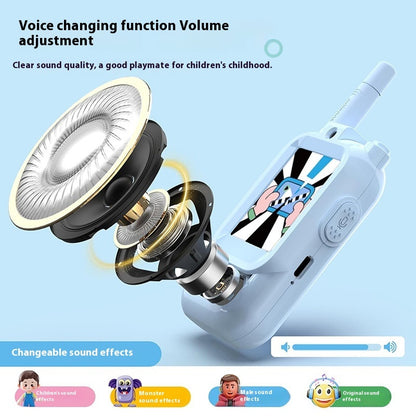 Toy walkie-talkie with voice changing function and volume adjustment on a light blue background