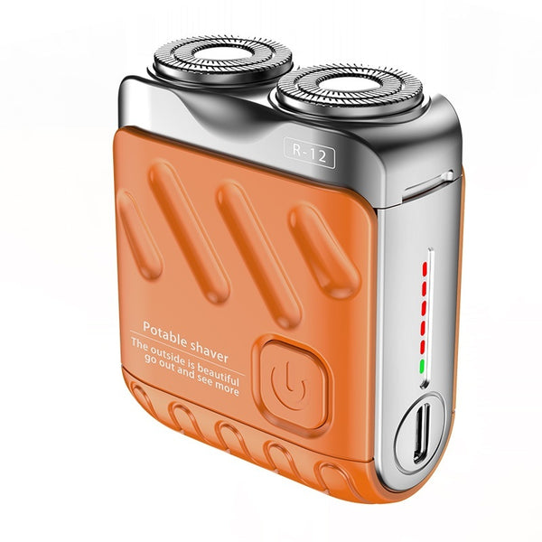 Orange and silver portable shaver on a white background