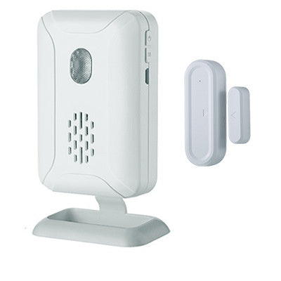 White security alarm system with a base station and two sensors on a white background