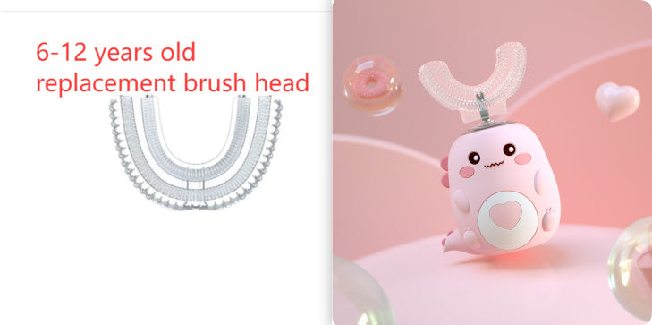 Replacement brush head for children's toothbrush with a cute cartoon character design on a pink background.