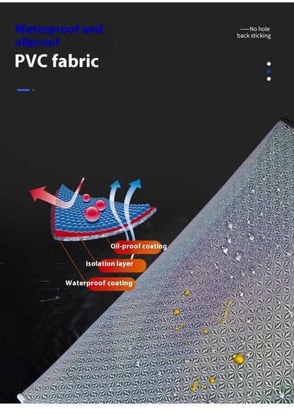 PVC fabric with waterproof and oil-proof coating features on a black background