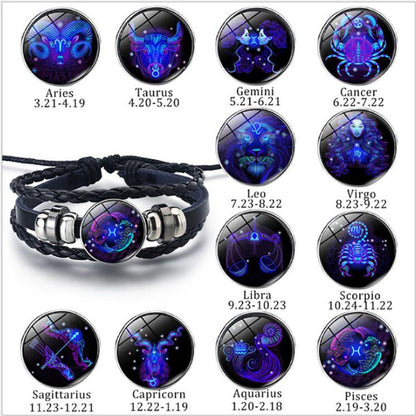 Zodiac sign bracelets with corresponding dates on a white background