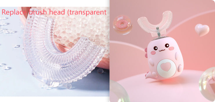 Transparent brush head and cute cartoon-style toothbrush with a pink background
