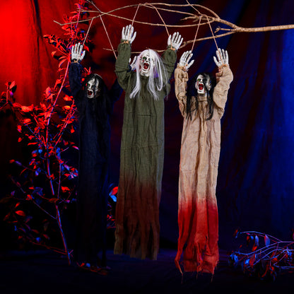 Three ghostly figures with outstretched arms against a dark background