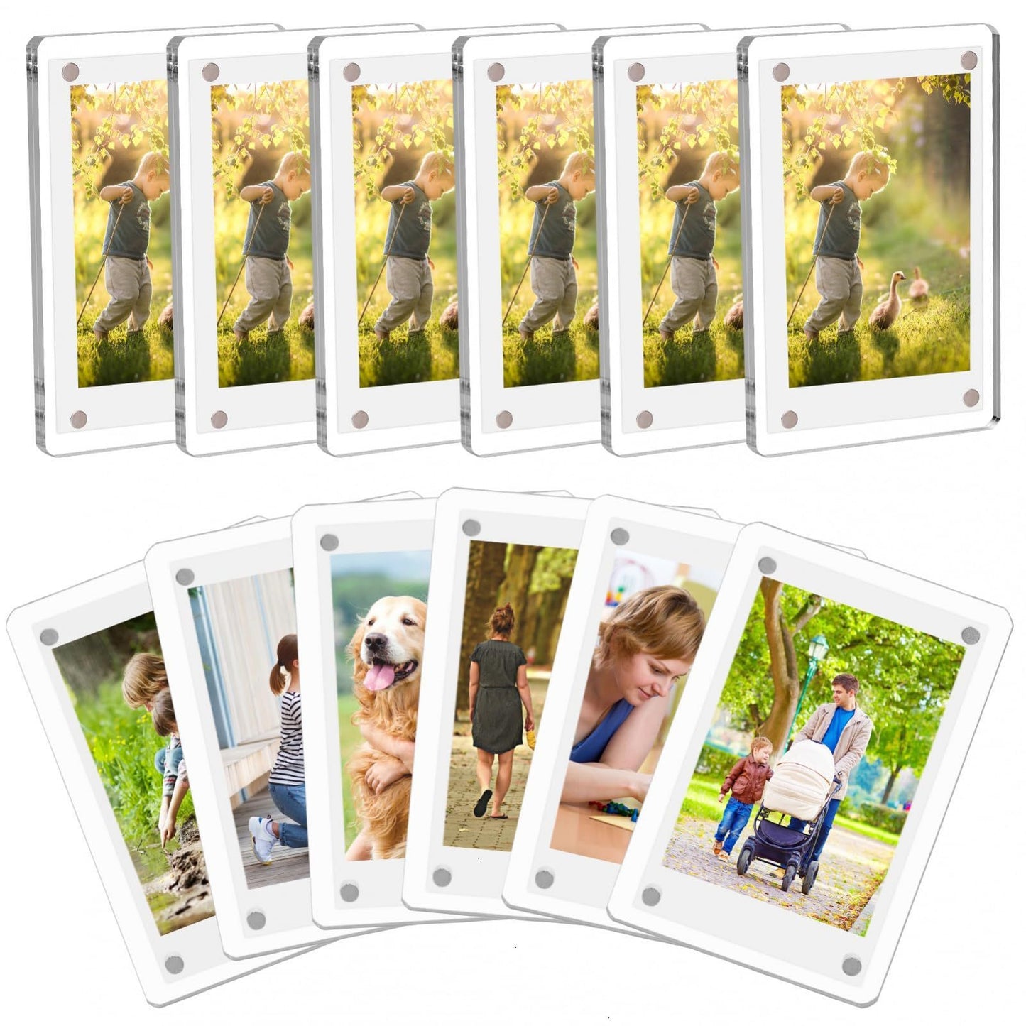 Set of photo frames displaying various images on a white background