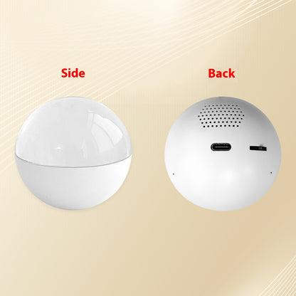 White spherical device shown from the side and back on a beige background