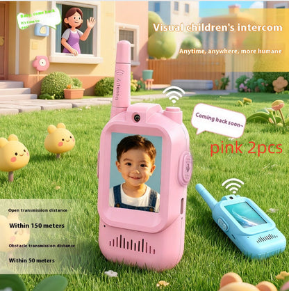 Pink and blue intercom devices for children on a grassy background with outdoor scene.