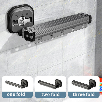 Wall-mounted shower curtain rod with extension options on a tiled wall.